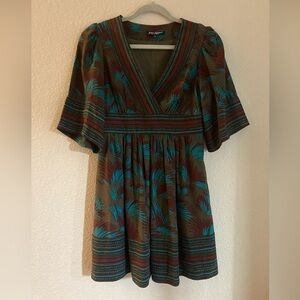 Vintage Betsey Johnson 100% silk Brown and Teal Patterned Dress